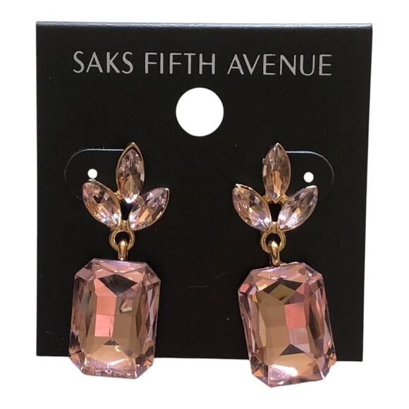 Saks Fifth Avenue NWT Leaf Crystal Rectangle Soft Petal Pink Dangle Earrings - Picture 5 of 11